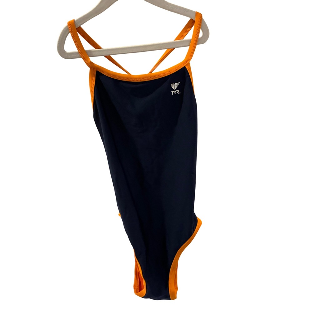 TYR Reversible One Piece Swimsuit Girls Size 22 Navy Orange Back Cut Out Swim
